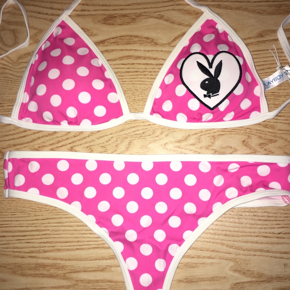 New 2pc Sexy Vintage Playboy Polka Dot Thong Swimsuit Bikini Size Large & XL - Picture 8 of 14